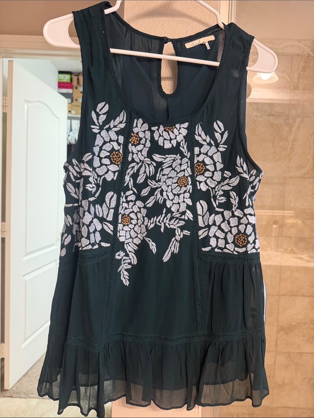 NWOT Anthropologie Floreat Embroidered Dark Teal Sleeveless Blouse